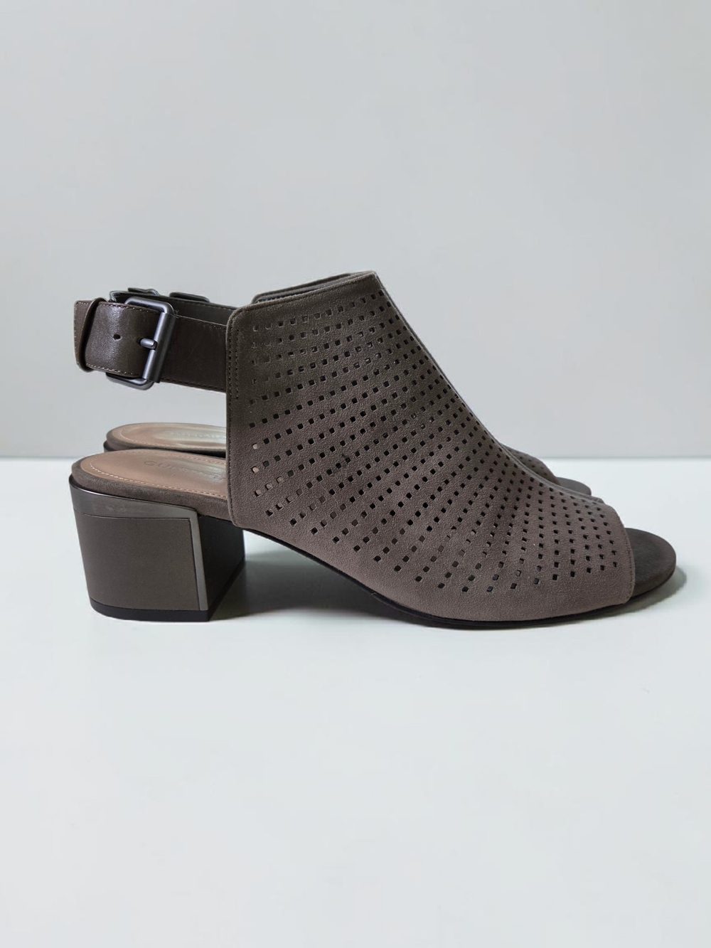 Gunmetal Darcy Gray Leather Perforated Slingback Block Heel Peep Toe Sandals 9.5